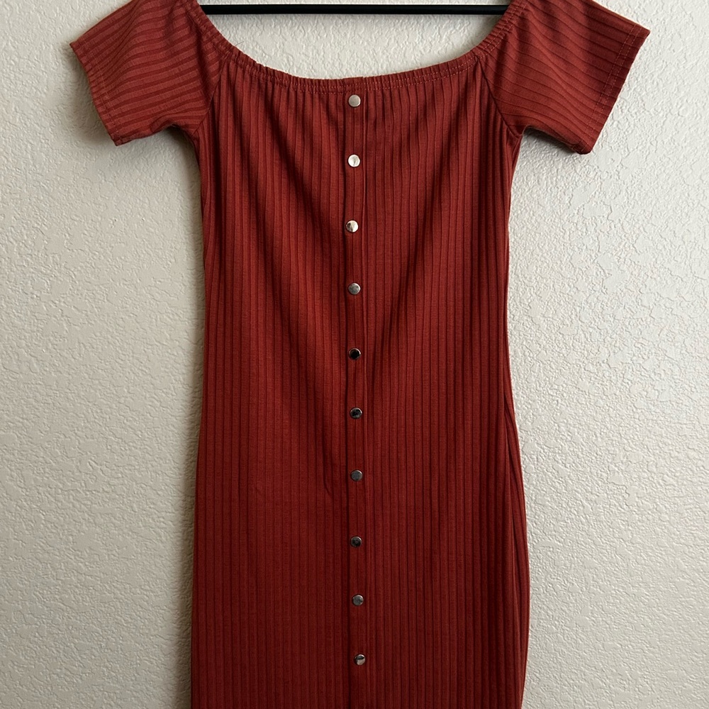 Rust Orange Midi Cold Shoulder Dress with gold Button Detail